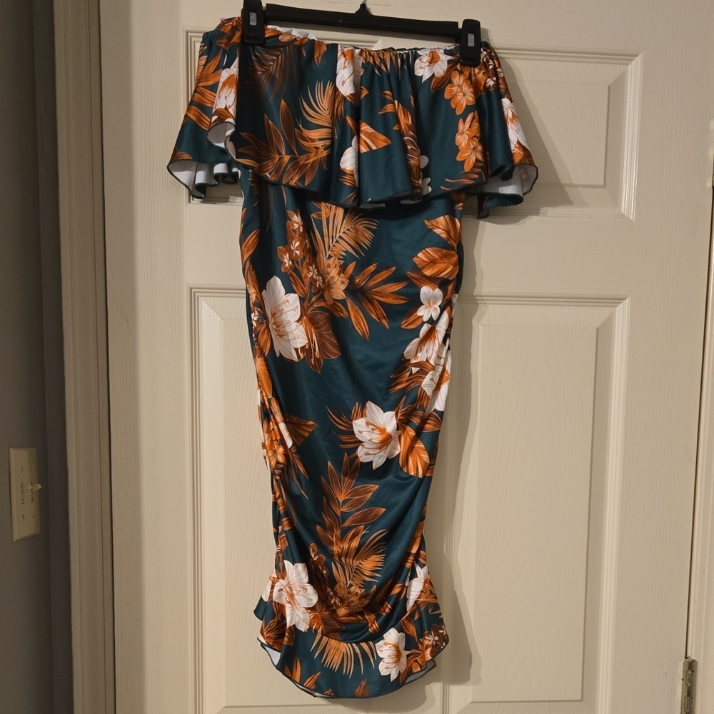 SHEIN Strapless Dress in Teal and Orange Floral
